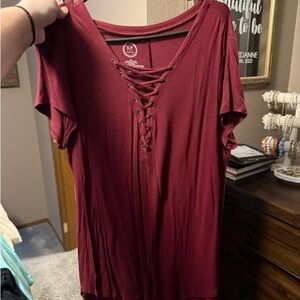 Elegant Burgundy Lace-Up Short Sleeve Top